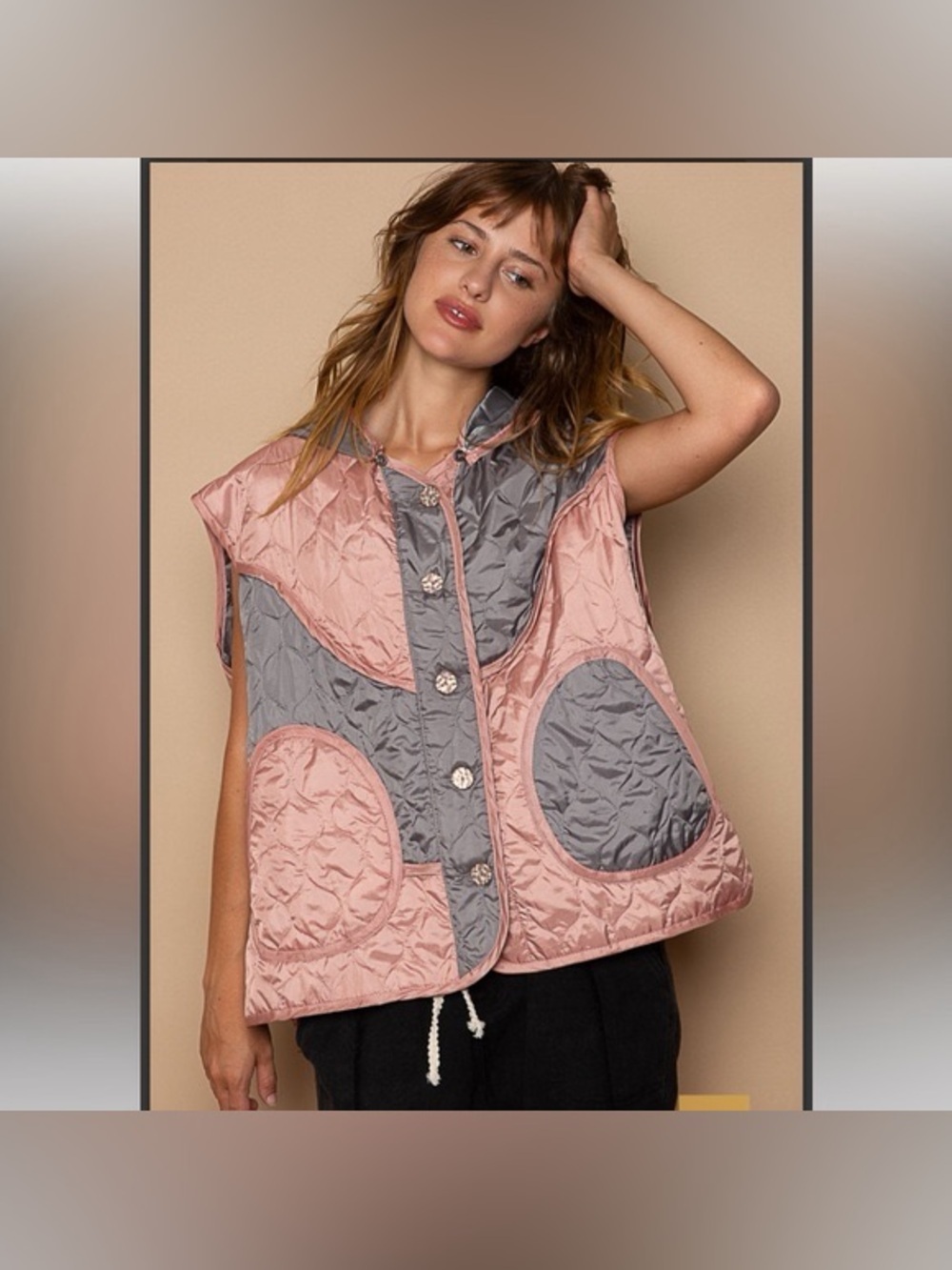 New POL Women’s Quilted Sleeveless Hoodie Vest Small Two-Tone Pink and Gray Vest